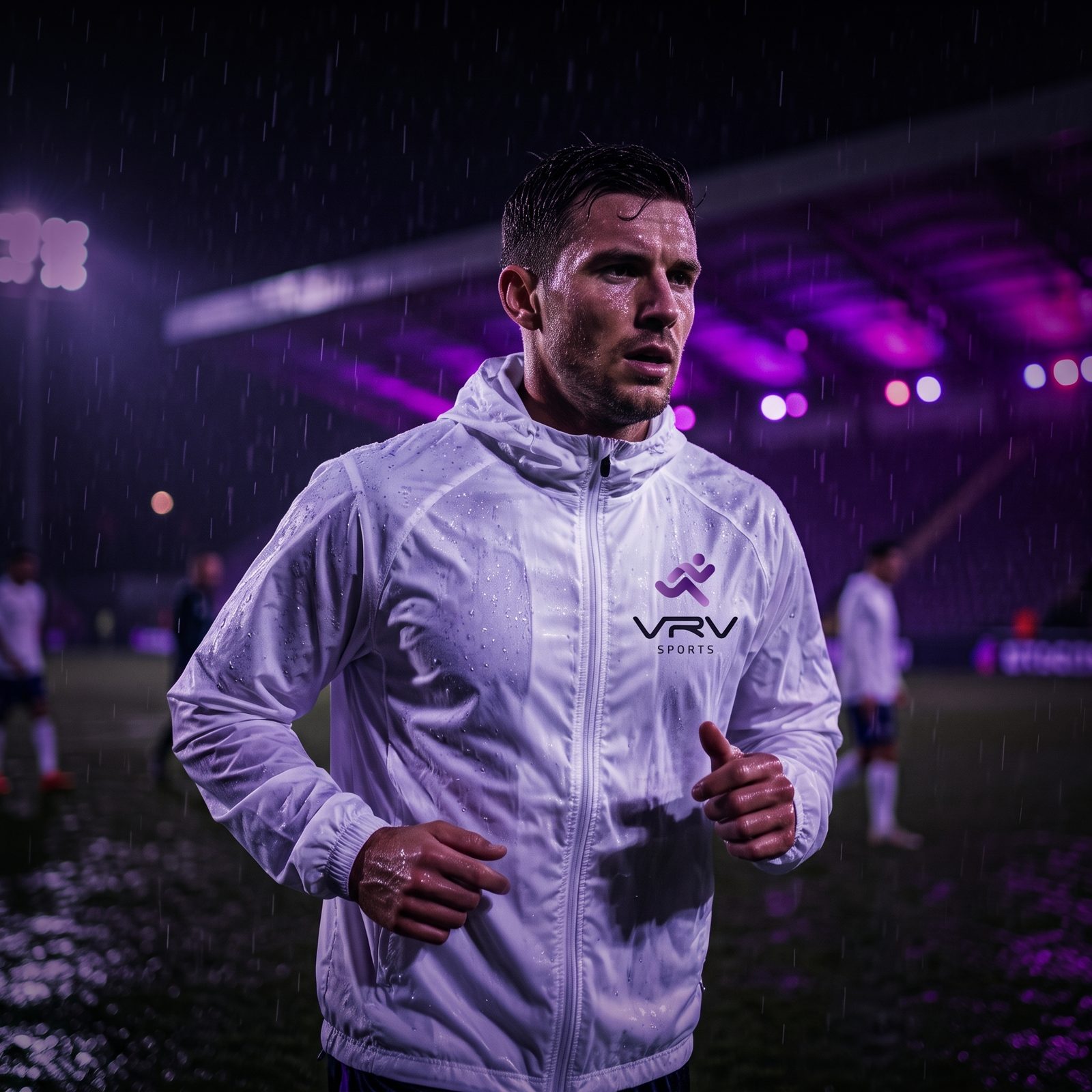 Atleta com corta-vento VRV Sports sob chuva
